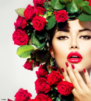 Woman in red lipstick and red nail polish with her face surrounded by red roses