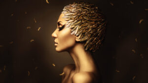 Side profile of a sleek woman with smoky eye makeup wearing a feather headdress